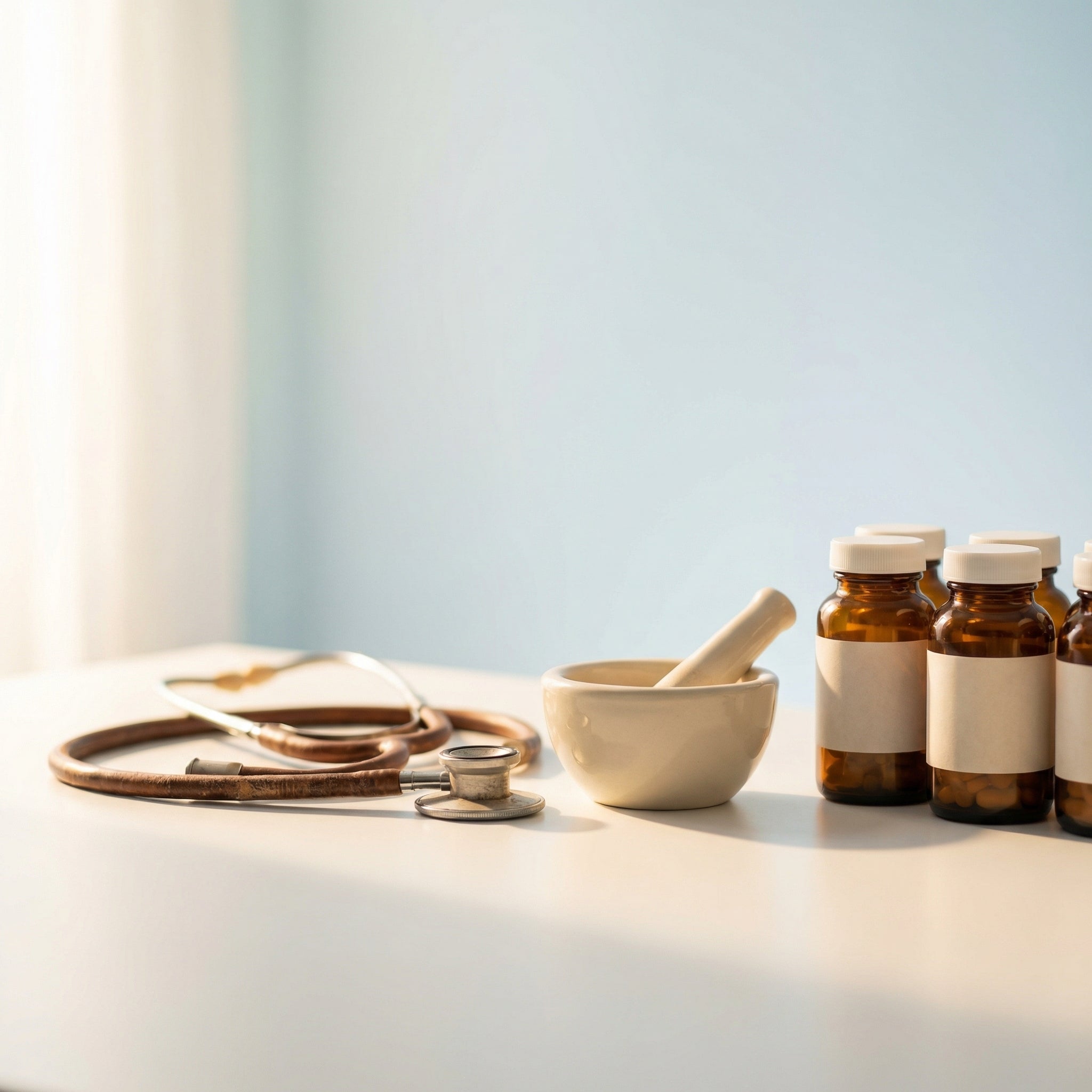 Medication review consultation - blister packs and prescription bottles arranged on pharmacy desk