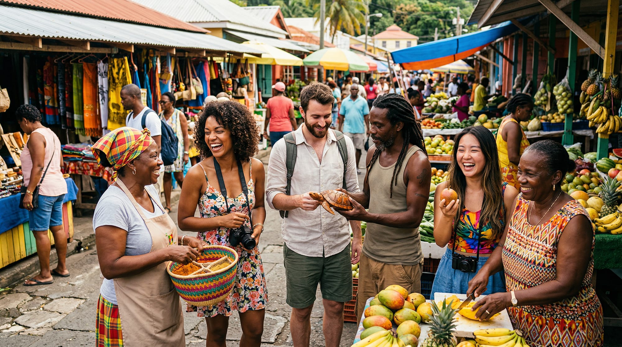 Travellers exploring a vibrant Caribbean market