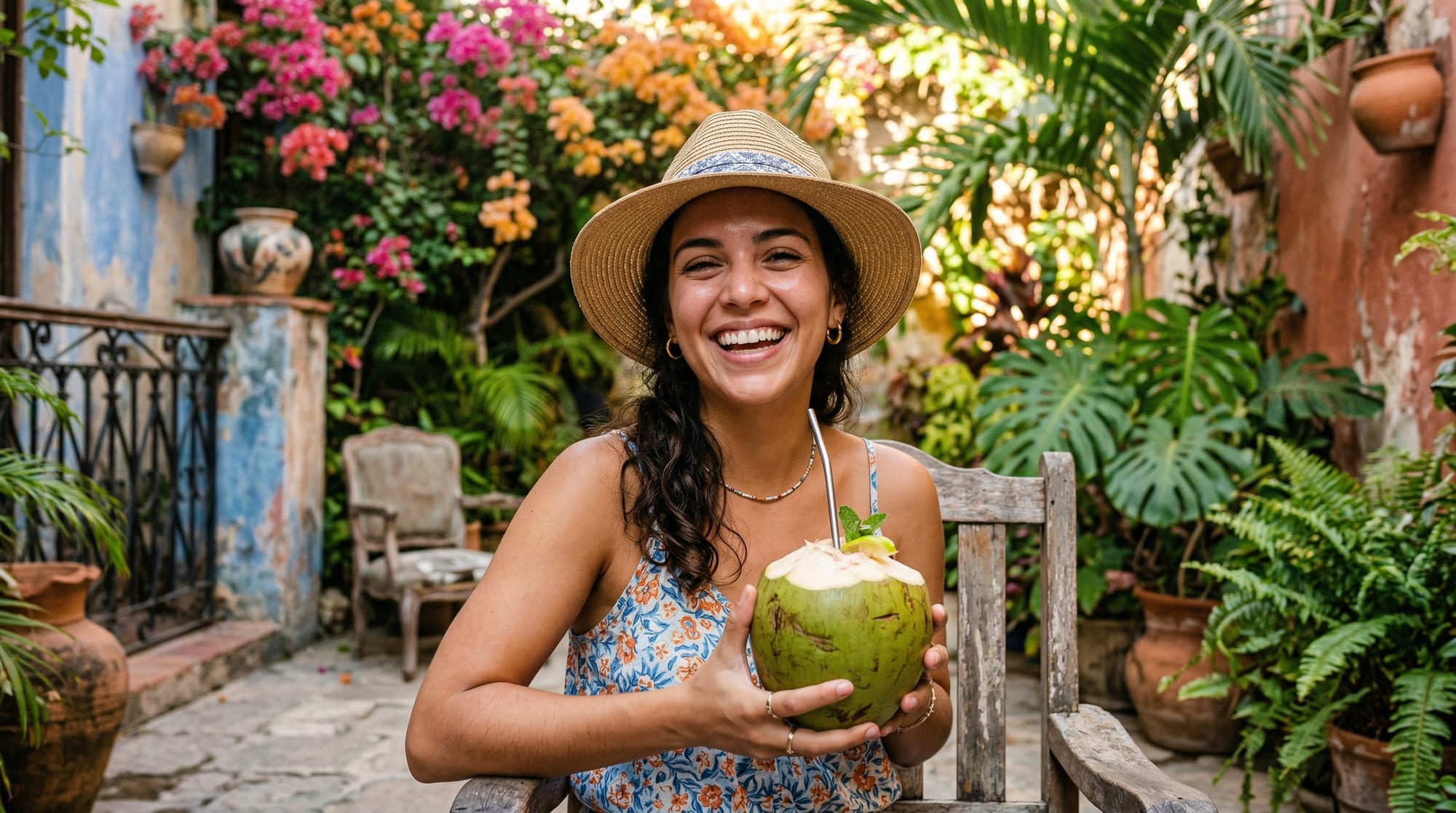 Happy traveller relaxing in a colourful Cuban courtyard