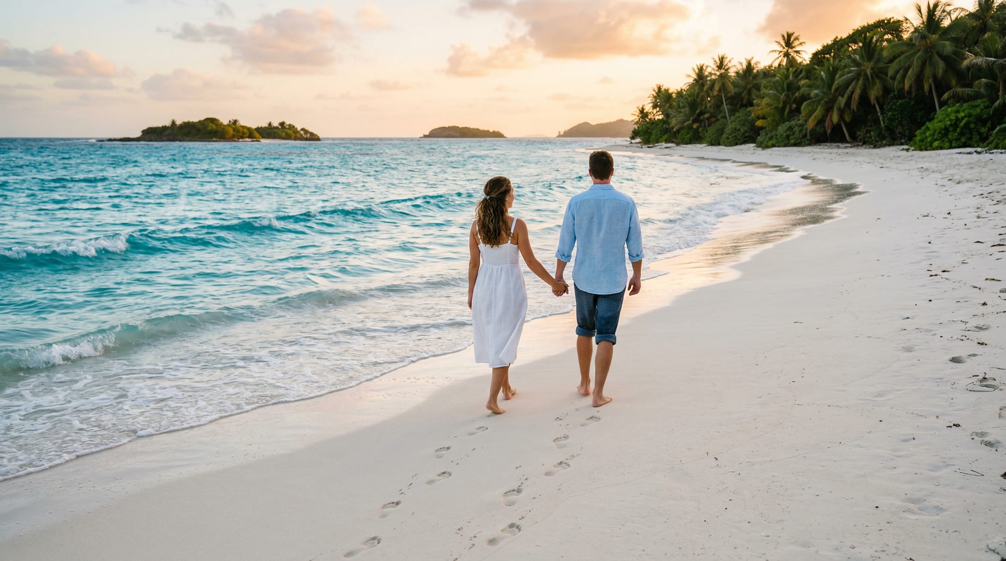 Couple walking along a beautiful Caribbean beach